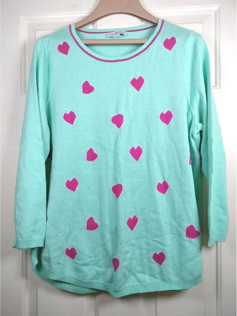 Kim Rogers Women’s XL Mint Green Heart Sweater 100% Cotton Long Sleeve Casual